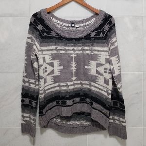 Roxy Tribal Print Pullover Sweater Grey Boatneck S